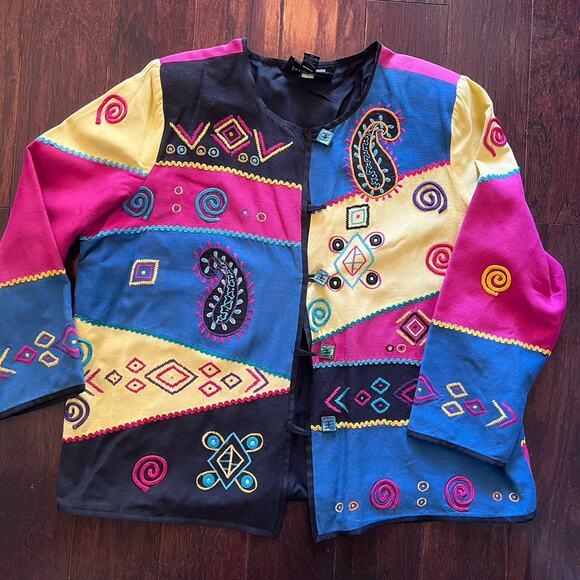 VTG Indigo Moon multicolor patchwork jacket with embroidery Sz 1X Made In India - Picture 1 of 9